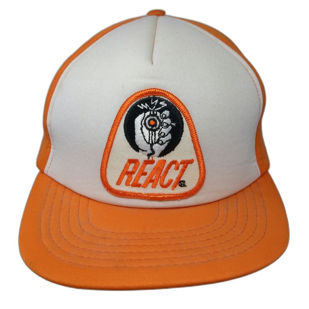 Crown Cap 5 Panel Orange Hat One Size Mesh Back Snapback REACT Patch Logo Taiwan